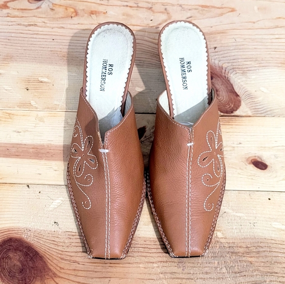 Ros Hommerson Brown Leather Mules White Stitching Women's Slip On Shoes Size 6 - Picture 4 of 11